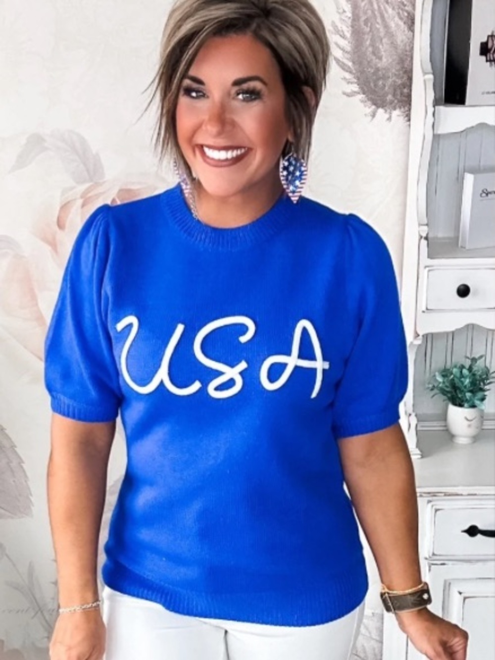 Royal Blue 'USA' Puff Sleeve Knit Top